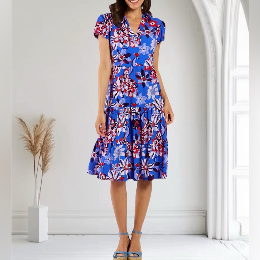 Jude Connally Libby Dress XXL in Twirling Peacock Cobalt Midi Length NWT